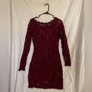 Sequin Hearts Sequined Ruby Red Dress with Sheer Lace Sleeves